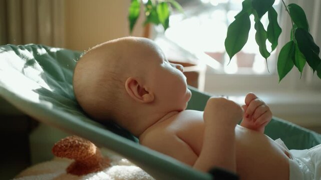 Adorable infant with chubby cheeks and blue eyes resting in a bouncer. Bathed in natural sunlight. The curious newborn looks around the room. Making cute expressions and enjoying a comfortable moment