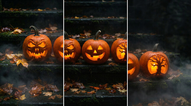Carved pumpkins with glowing faces placed on outdoor stone stairs. Halloween jack-o-lantern decorations with light inside on autumn foliage. Seasonal holiday concept for retail sale