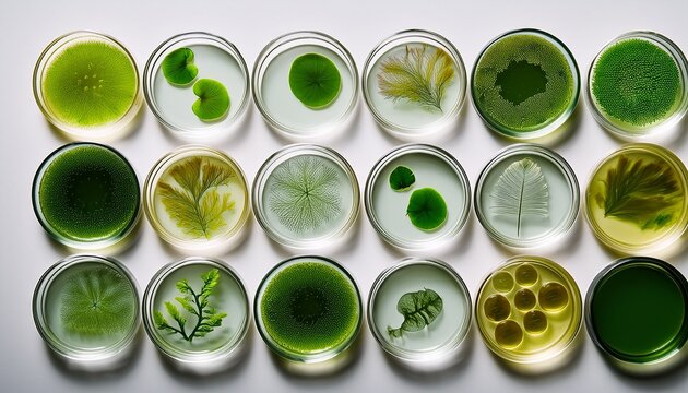 microalgae variety in laboratory petri dishes wallpaper pattern top view of diverse green microalgae samples in scientific petri dishes on white background