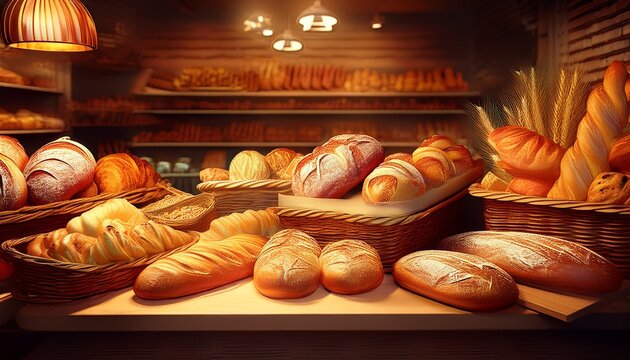 fresh bread on bakery counter different types of delicious bread loaves bread buns bread rolls baguettes and bagels on baker shop shelves in baskets generative ai