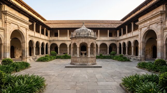 Stone cloister courtyard with central fountain and arched walkways