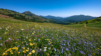 Obraz premium Vibrant wildflower meadow in the mountains under a clear blue sky