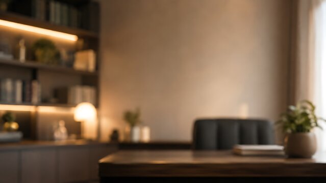 Blurred interior background of a luxury executive office room with warm light