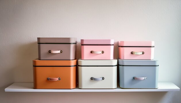 minimalist row of pastel storage boxes lined up on white shelf against neutral wall background for modern organization storage concepts