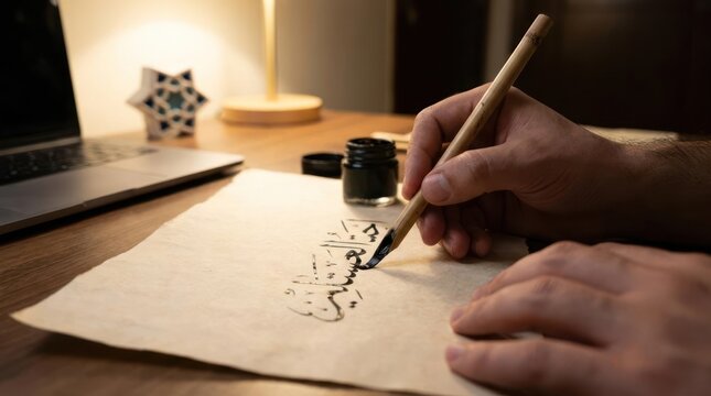 Artist writing Arabic calligraphy with reed pen.