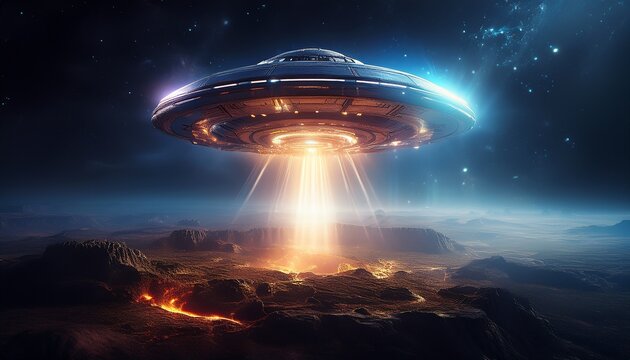 an alien ufo ship emits light towards the earth s soil