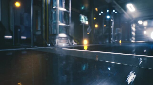 Sterile security checkpoint inside space station, scanning arch and transit lane with lit floor strips, surveillance housings, cool white illumination, silent