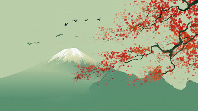 Mountains and red leaves with birds flying at sunset near a snow-capped peak