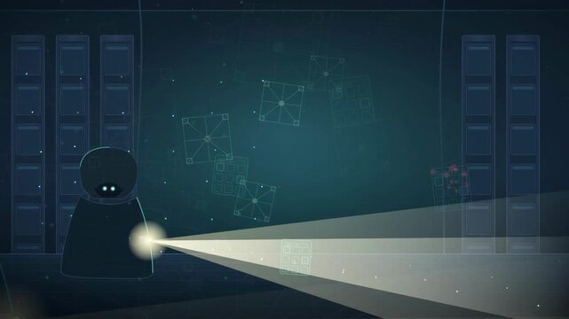 Abstract Digital Character Using a Flashlight to Search for Data in a Server Room