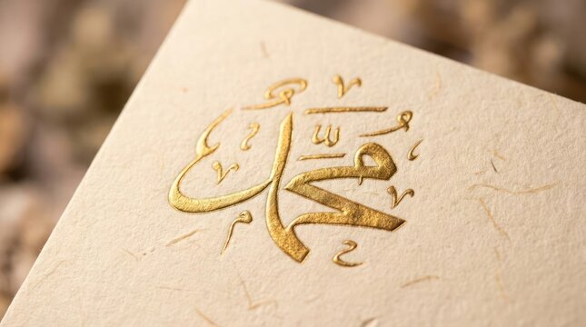 Gold Arabic calligraphy of Muhammad on textured paper.