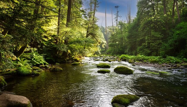 serene river flowing through lush green forest
