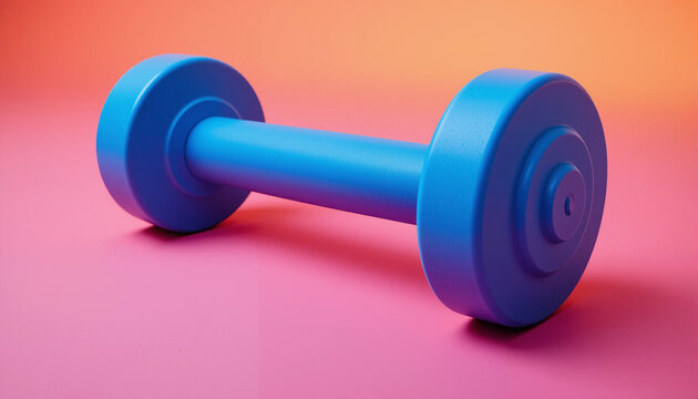 Blue dumbbell isolated on a pink background, emphasizing simplicity, performance, and sports training concepts.