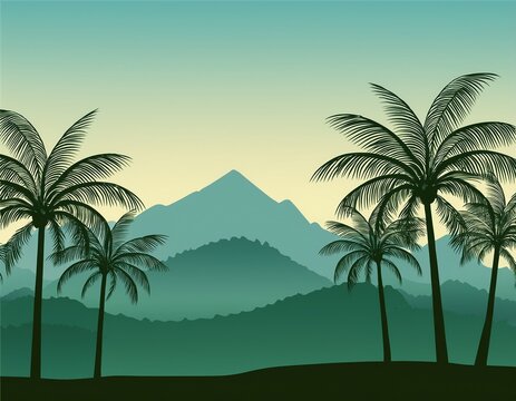 tropical landscape with tall palm trees and mountain background