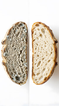 Fresh versus moldy sourdough bread comparison | Slices of bread with blue mold growth | Food shelf life and decomposition study | Comparison of healthy and spoiled food