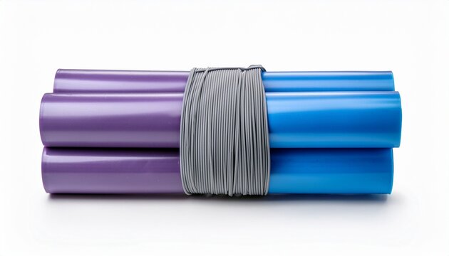 isolated bundle of violet and blue pvc pipes tied together with a gray rubber band material