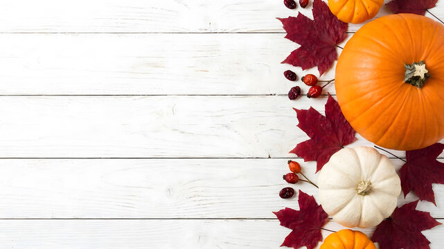 A festive halloween background featuring orange and white pumpkins with dark red autumn leaves arranged on a rustic white wooden table surface top