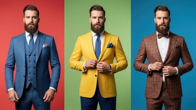 Three stylish men in colorful suits against solid backgrounds