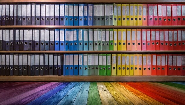 bookshelf with colorful rainbow folders wallpaper with straight view of open bookcase modern interior design backdrop