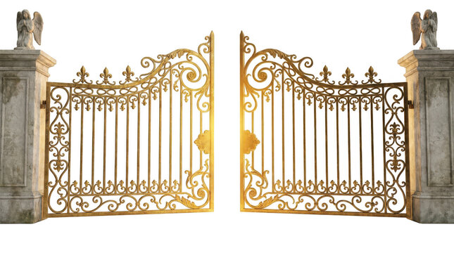 Ornate golden gates with angel statues on stone pillars isolated on transparent background