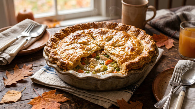 Classic homemade chicken pot pie with a golden flaky crust and creamy vegetable filling served on a rustic wooden table adorned with colorful autumn leaves beside a sunlit window perfect for cozy