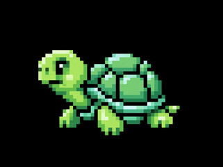 Fototapeta premium Pixel art turtle with a light green shell and body, standing on a black background AI generative