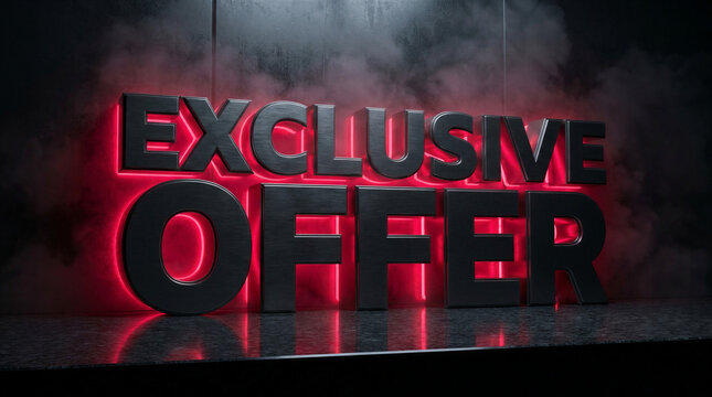 Exclusive offer sign with red neon glow and black 3D letters on dark background. Marketing promotion for Black Friday or Halloween sale. Digital retail concept for business event