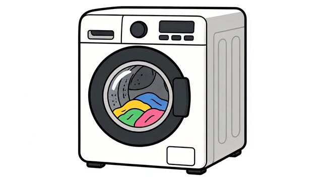 Simple Cartoon Front Load Washing Machine with Colorful Clothes Inside, Vector Illustration