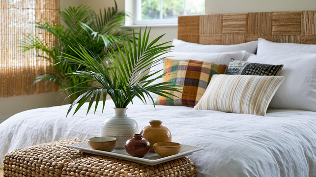 Modern bedroom interior featuring a large bed with white linens, decorative pillows, a woven headboard, and a stylish arrangement of plants and pottery on a tray