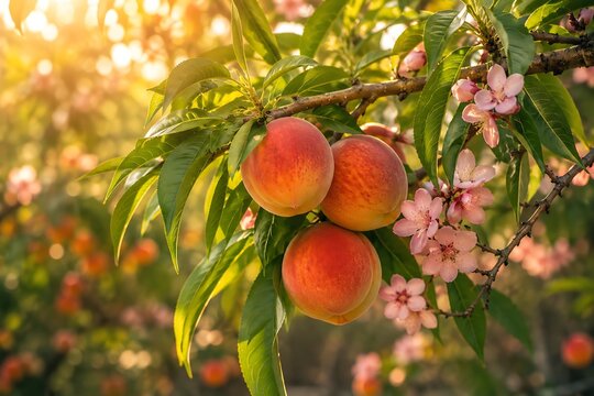 Ripe peaches with delicate blossoms on a branch bathed in warm golden hour sunlight