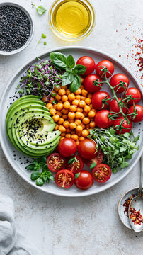 Fresh vegetable platter featuring sliced avocado, cherry tomatoes, chickpeas, microgreens, and basil on a round gray plate with olive oil and spices in the background