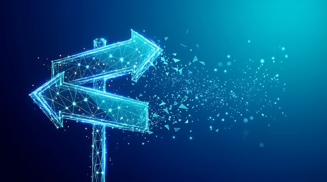 Digital crossroads with glowing neon arrows pointing in opposite directions symbolizing choice and future direction on dark blue background with particles.