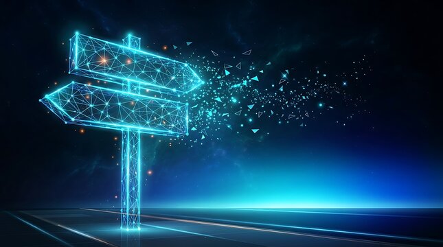 Abstract futuristic digital signpost with glowing neon light arrows pointing in different directions symbolizing choice and opportunity in technology.