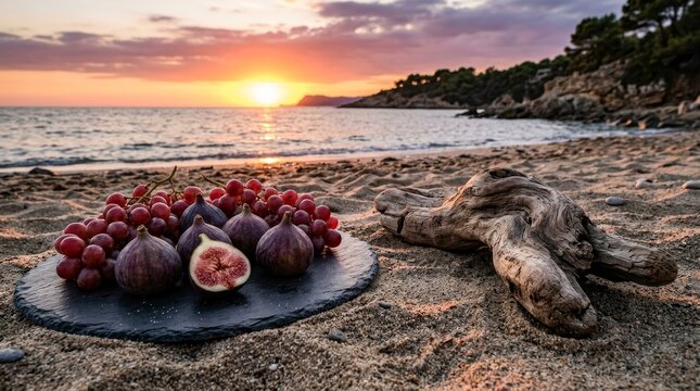 Fresh grapes and figs on a plate lie on the sandy beach at sunset.