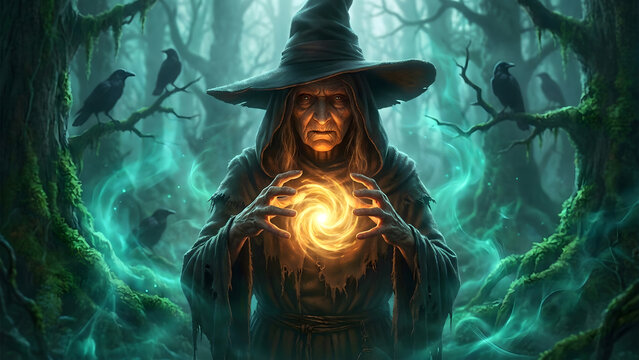 A mysterious witch casting a glowing magical spell in a dark enchanted forest during a spooky and atmospheric night for halloween celebration