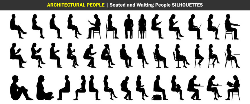Solid seated and waiting people human scale silhouette set for architectural presentations, interior elevation and section entourage, chair, sitting, phone and resting figures vector illustration