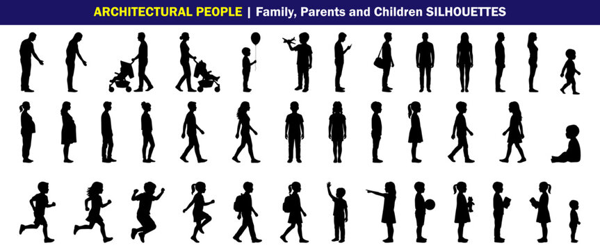 Solid family human scale silhouette set with parents and children for architectural presentations, elevation and section entourage, stroller, walking, running and school figures vector illustration