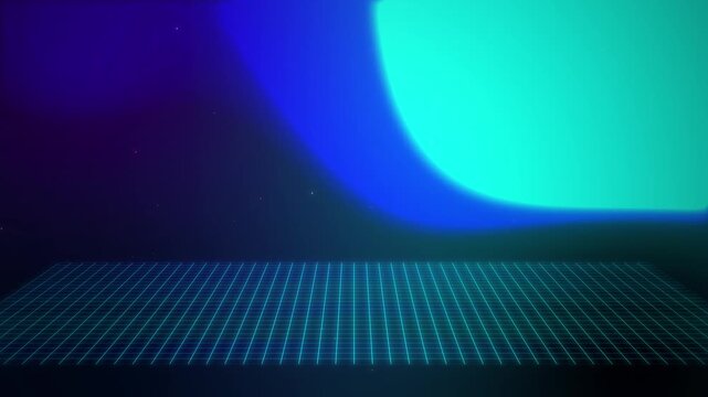 Cyber grid horizon with glowing blue particles and digital neon light background