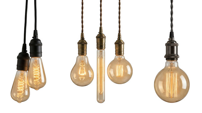 Set of vintage edison light bulbs with decorative filaments isolated on transparent background
