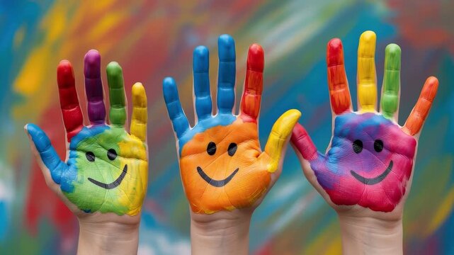 Three painted hands with smiley faces