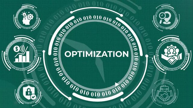 optimization technology concept with futuristic circular hud and binary code, digital optimization business concept with futuristic technology interface, digital process optimization concept.
