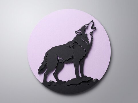 Black silhouette of a wolf howling on a textured purple circular background
