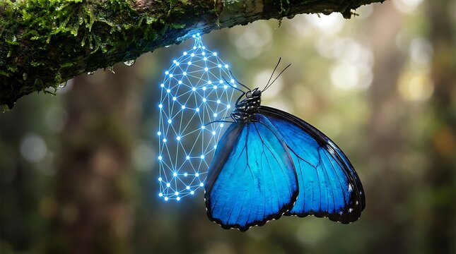 Blue morpho butterfly emerging from digital chrysalis on mossy branch, symbolizing transformation and digital evolution, ideal for science and nature concepts.