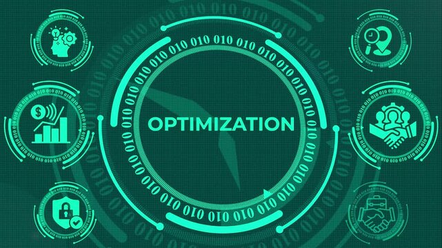 optimization technology concept with futuristic circular hud and binary code, digital optimization business concept with futuristic technology interface, digital process optimization concept.