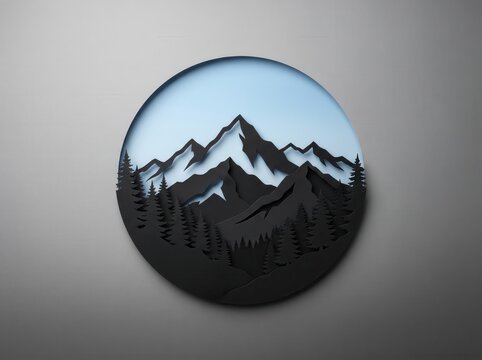 Layered paper art mountains and pine forest silhouette in a circle with circular