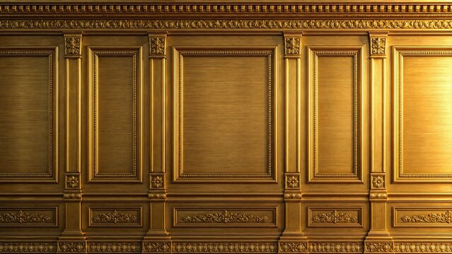 Golden wall paneling features ornate rectangular frames and decorative floral embellishments gilded decor decoration interior