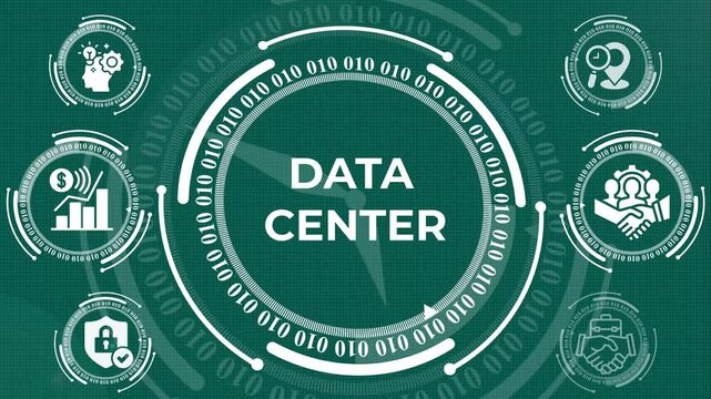  abstract  DATA CENTER  hud  animation video with financial icon , futuristic data center interface with digital binary code and corporate technology icons, hud style motion graphic animation
