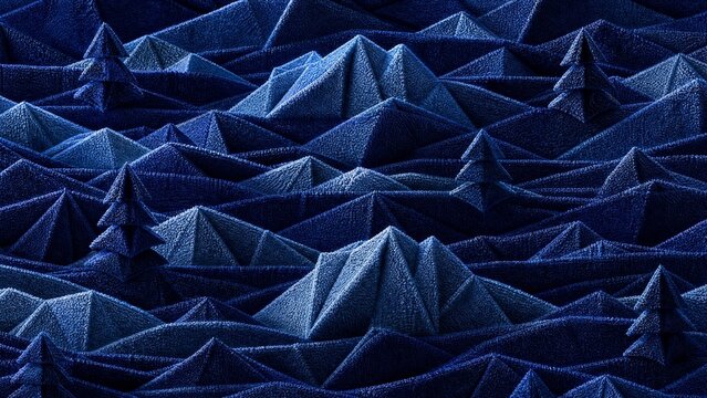 A textured pattern of folded denim creates a mountainous landscape with varying shades of blue