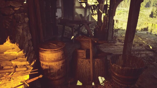 Emberlit medieval pantry with stacked wood and barrels, dusk light seeping through small opening, evocative storage room full of texture, grainy stone floor