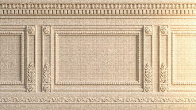 Ornate wall paneling with recessed rectangles and floral details presents a classic architectural style wallpaneling