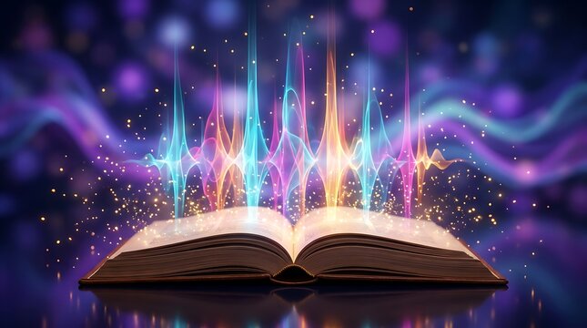 Open magic book radiating colorful energy waves and golden sparkles in front of a vibrant bokeh and glowing nebula, representing dreams, creativity and mystical tales for digital art.
